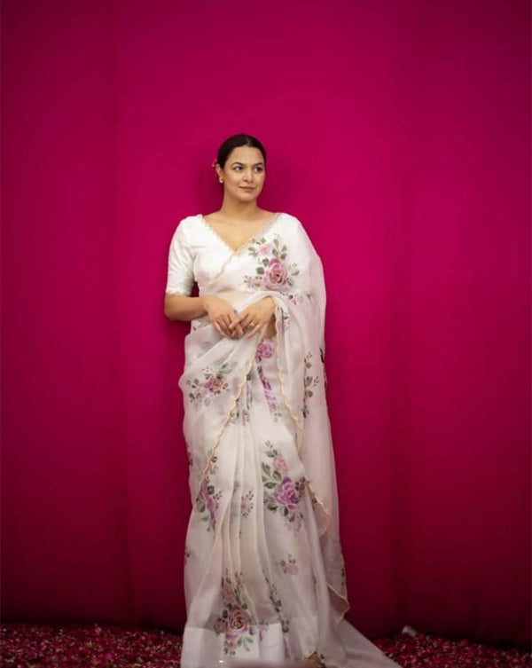 White Color 1-Minute Ready To Wear Organza Silk Saree with Moti Embroidery Work & Stitched Blouse