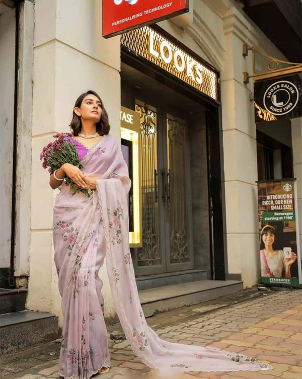 Light Purple Color 1-Minute Ready To Wear Organza Silk Saree with Moti Embroidery Work & Stitched Blouse