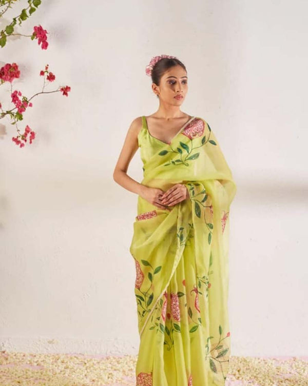 Light Green Color 1-Minute Ready To Wear Organza Silk Saree with Moti Embroidery Work & Stitched Blouse