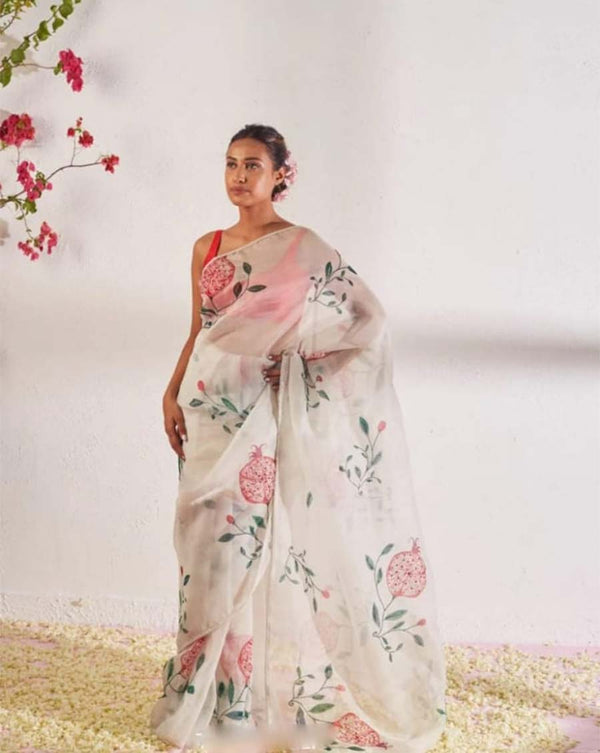 White Color 1-Minute Ready To Wear Organza Silk Saree with Moti Embroidery Work & Blouse Piece