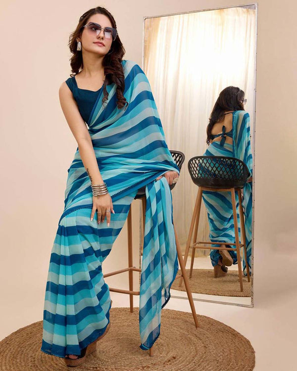 Blue Color Lining Design 1-Minute Ready To Wear Georgette Saree With Blouse Piece