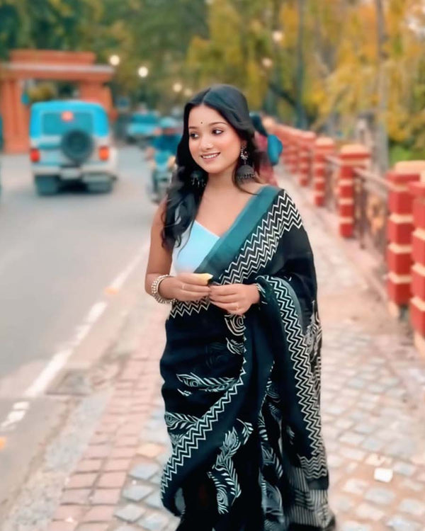Black Color 1-Minute Ready to Wear Cotton Saree with Blouse Piece