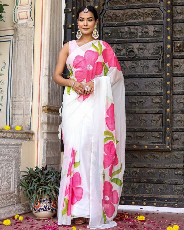 White Color 1-Minute Ready to Wear Georgette Saree with Floral Design & Blouse Piece