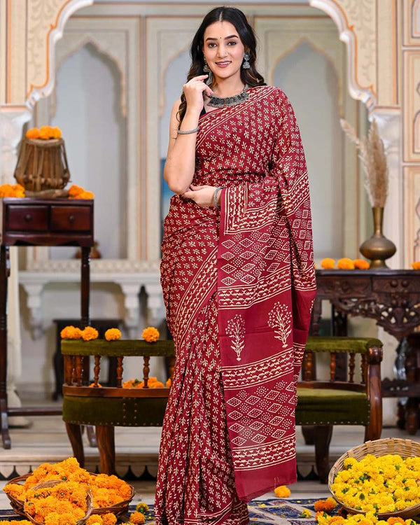 Red Color 1-Minute Ready to Wear Premium Cotton Saree with Blouse Piece