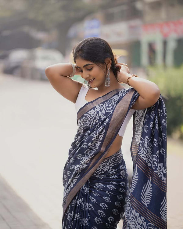Navy Blue Color 1-Minute Ready to Wear Premium Cotton Saree with Blouse Piece