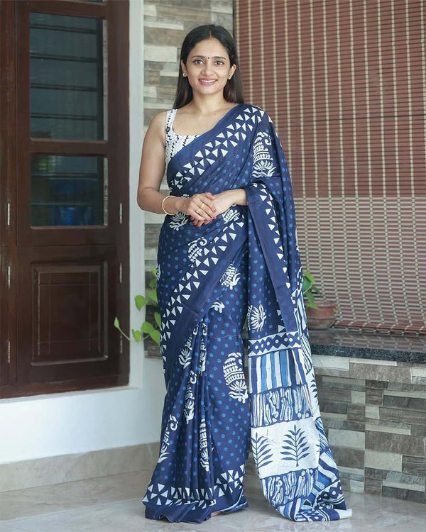 Blue Color 1-Minute Ready to Wear Premium Cotton Saree with Blouse Piece