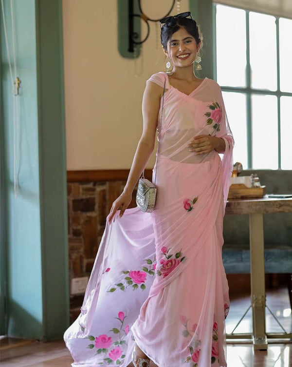 Pink Color 1-Minute Ready to Wear Premium Georgette Saree with Blouse Piece