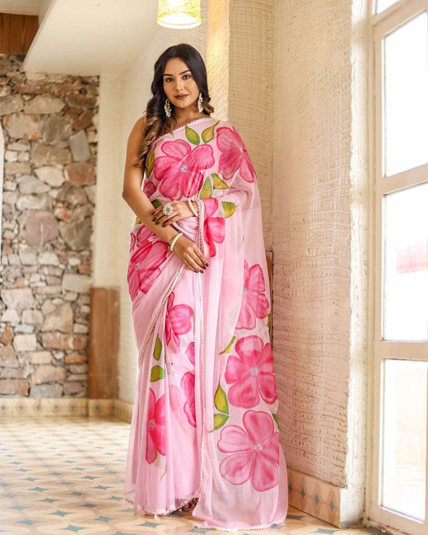Calm Pink Color 1-Minute Ready to Wear Floral Deisgn Georgette Saree with Blouse Piece