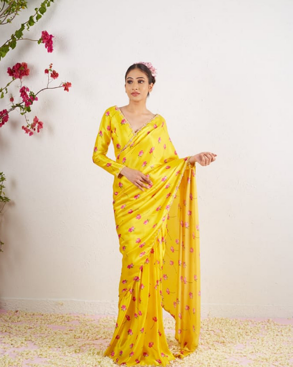 Yellow Color Soft Satin Silk 1 - Minute Ready to Wear Saree with Fully Stitch Blouse (Free Size) Up to 44