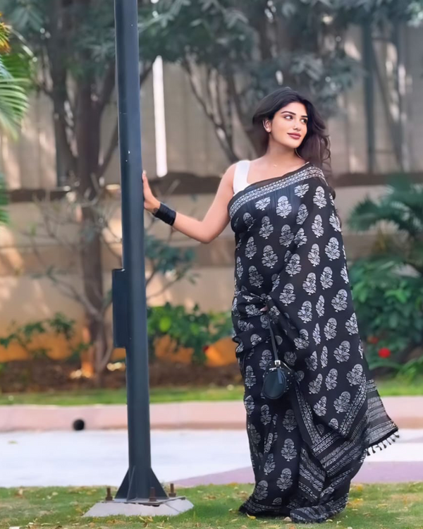 Black Color Cotton 1 - Minute Ready to Wear Saree with Blouse Piece