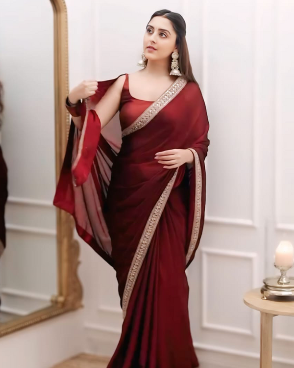Maroon Color Georgette 1 - Minute Ready to Wear Saree with Fully Stitch Blouse (Free Size) Up to 44