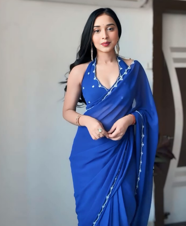 Blue Color Georgette 1 - Minute Ready to Wear Saree with Blouse Piece