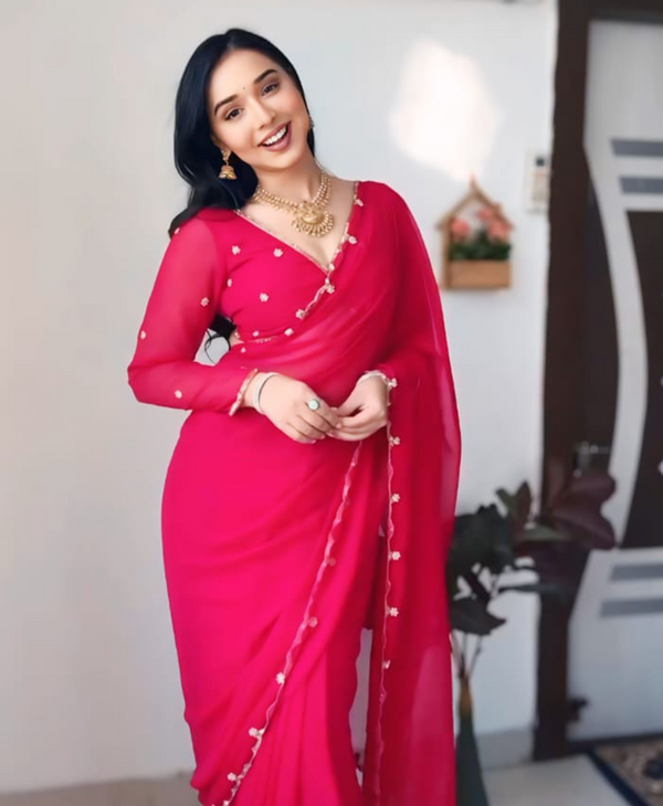 Red Color Georgette 1 - Minute Ready to Wear Saree with Blouse Piece