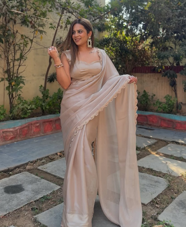 Cream Color Jimmichoo Silk 1 - Minute Ready to Wear Saree with Fully Stitch Blouse (Free Size) Up to 44