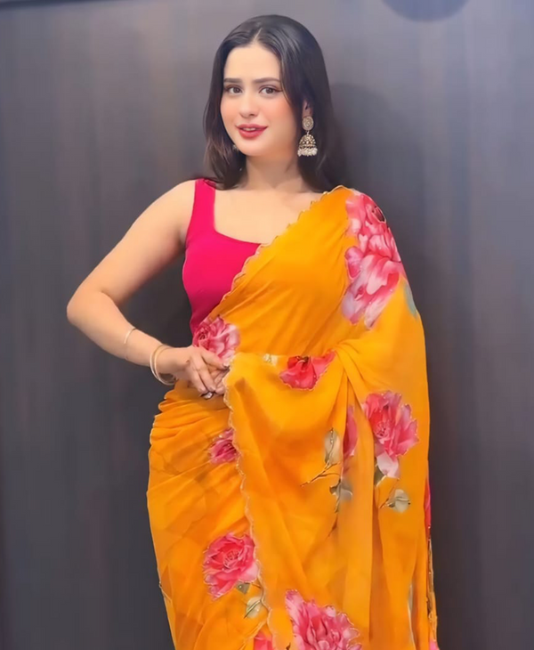 Orange Color Georgette 1 - Minute Ready to Wear Saree with Blouse Piece