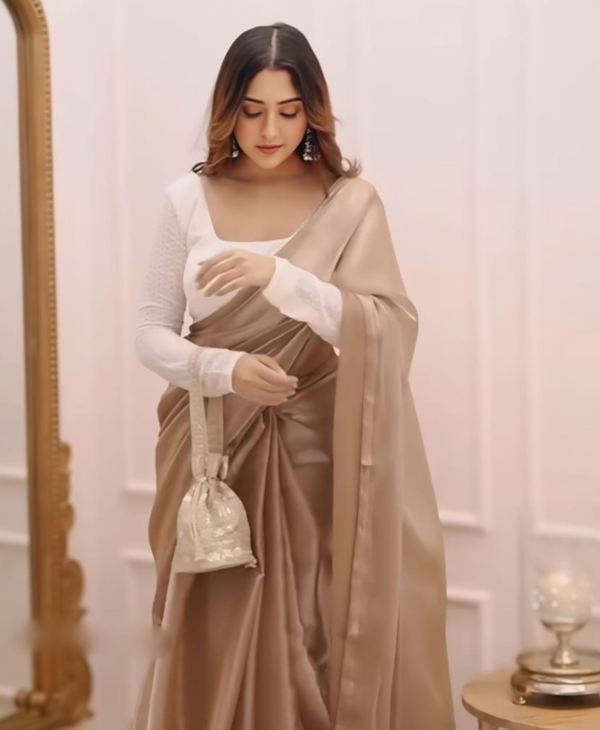 Cream Color Soft Fendy Silk Saree with Fully Stitch Blouse (Free Size) Up to 44