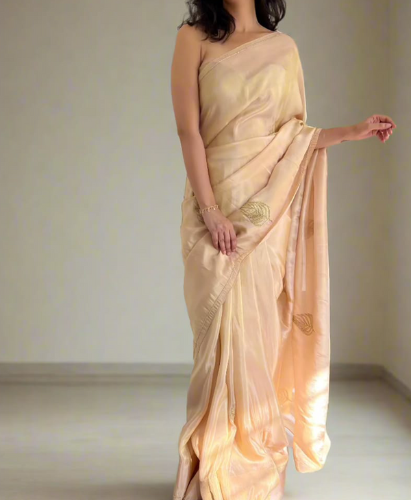 Cream Color Soft Malai Sattin Silk 1 - Minute Ready to Wear Saree with Fully Stitch Blouse (Free Size) Up to 44