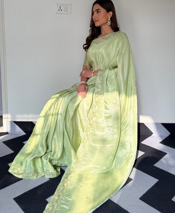 Parrot Green Color Soft Malai Sattin Silk 1 - Minute Ready to Wear Saree with Fully Stitch Blouse (Free Size) Up to 44