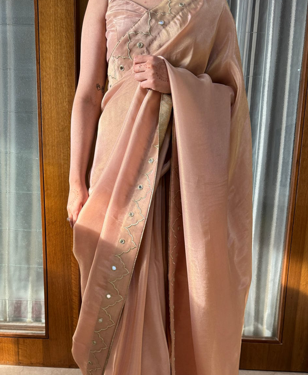 Peach Color Soft Malai Sattin Silk 1 - Minute Ready to Wear Saree with Fully Stitch Blouse (Free Size) Up to 44