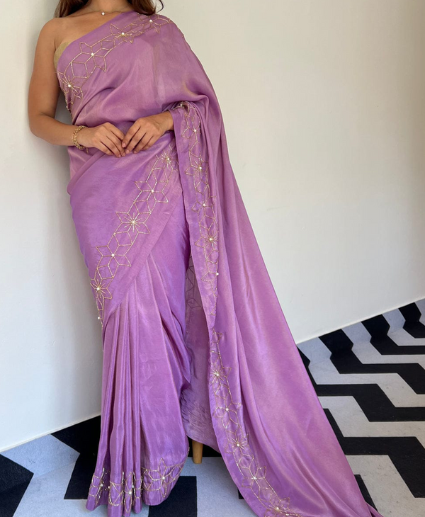 Purple Color Soft Malai Sattin Silk 1 - Minute Ready to Wear Saree with Fully Stitch Blouse (Free Size) Up to 44