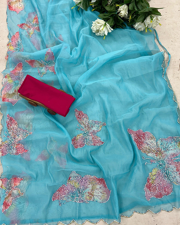 Blue Color Organza 1 - Minute Ready to Wear Saree with Blouse Piece