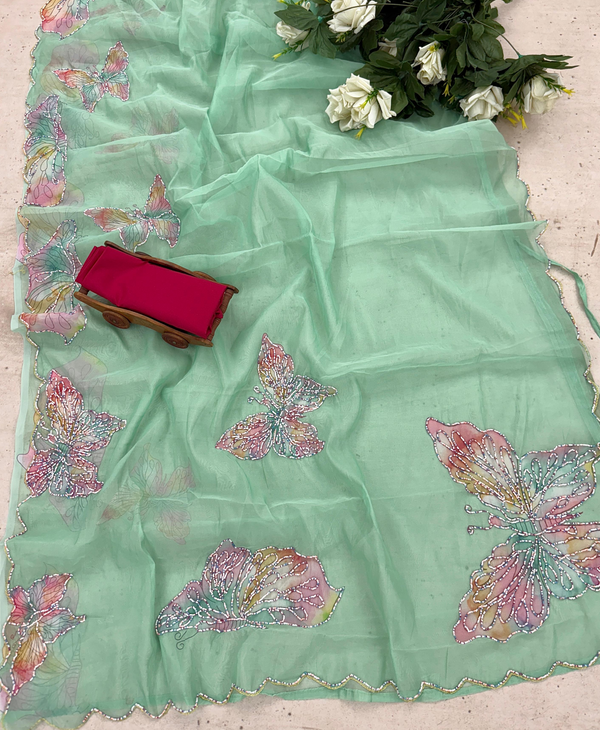 Parrot Green Color Organza 1 - Minute Ready to Wear Saree with Blouse Piece