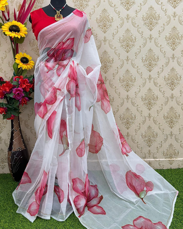 White Color Georgette 1 - Minute Ready to Wear Saree with Blouse Piece