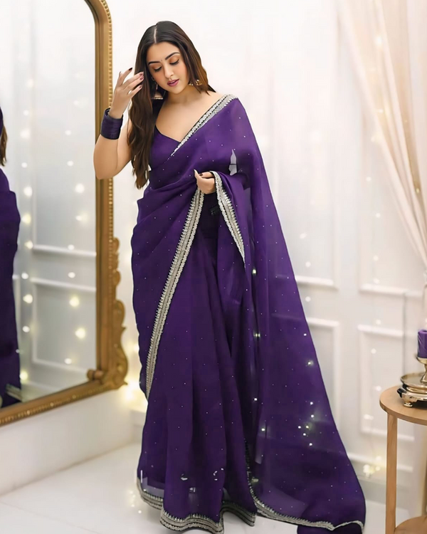 Blue Color Soft Fendy Silk Saree with Fully Stitch Blouse (Free Size) Up to 44