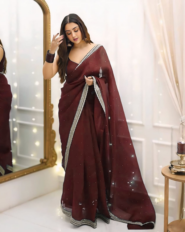 Maroon Color Organza 1 - Minute Ready to Wear Saree with Fully Stitch Blouse (Free Size) Up to 44