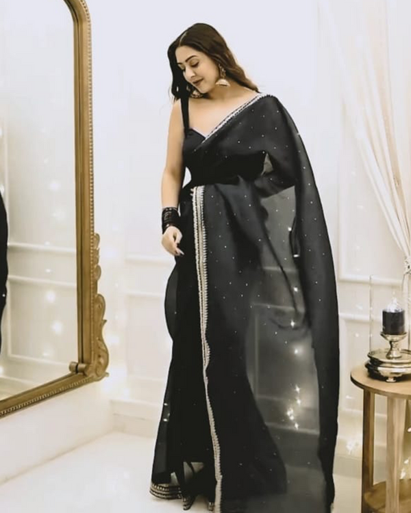 Black Color Organza 1 - Minute Ready to Wear Saree with Fully Stitch Blouse (Free Size) Up to 44