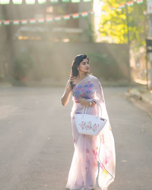 White Color Organza 1 - Minute Ready to Wear Saree with Blouse Piece