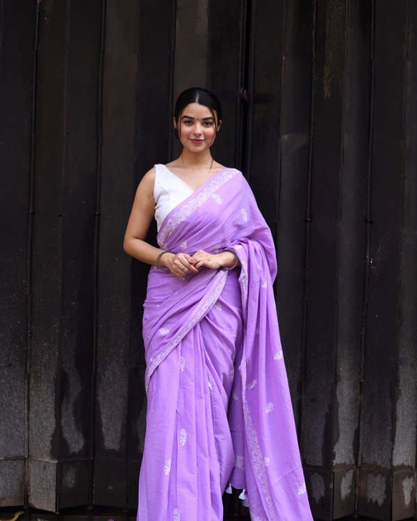Purple Color Mulmul Cotton 1 - Minute Ready to Wear Saree with Pocket and  Blouse Piece
