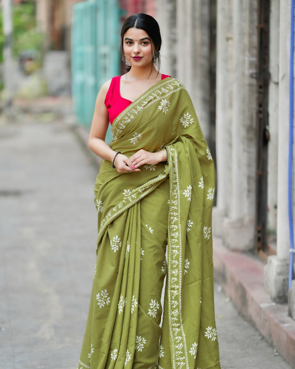 Green Color Mulmul Cotton 1 - Minute Ready to Wear Saree with Pocket and  Blouse Piece