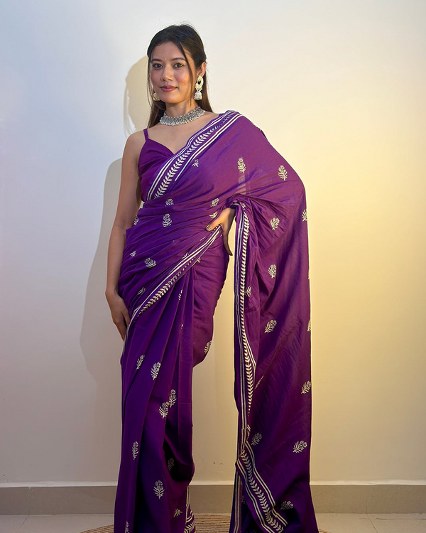 Purple Color Mulmul Cotton 1 - Minute Ready to Wear Saree with Pocket and  Blouse Piece