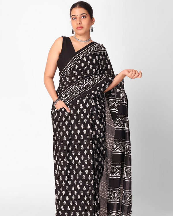 Black Color Mulmul Cotton 1 - Minute Ready to Wear Saree with Pocket and  Blouse Piece