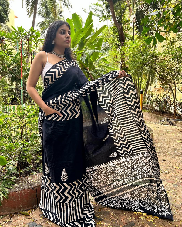 Black Color Mulmul Cotton 1 - Minute Ready to Wear Saree with Pocket and  Blouse Piece