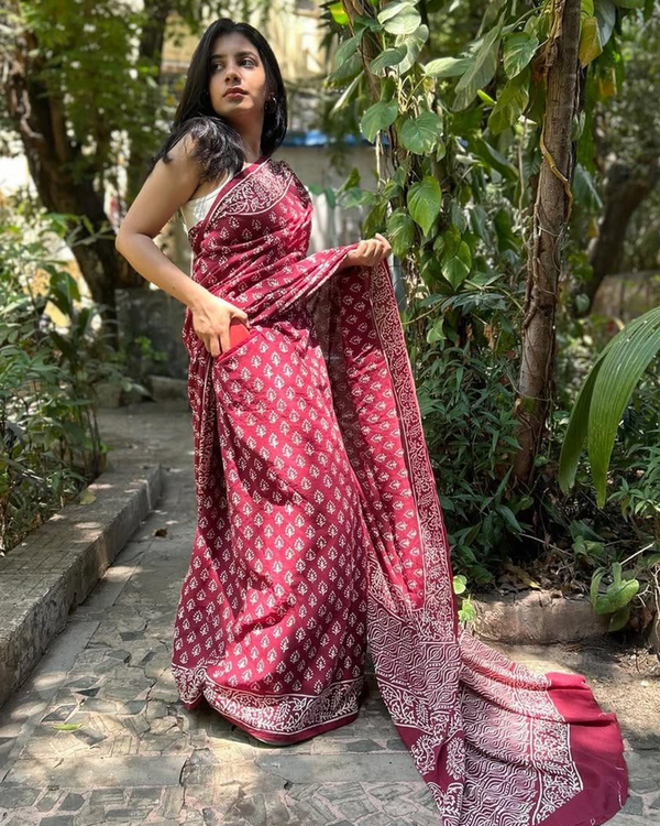Maroon Color Mulmul Cotton 1 - Minute Ready to Wear Saree with Pocket and  Blouse Piece