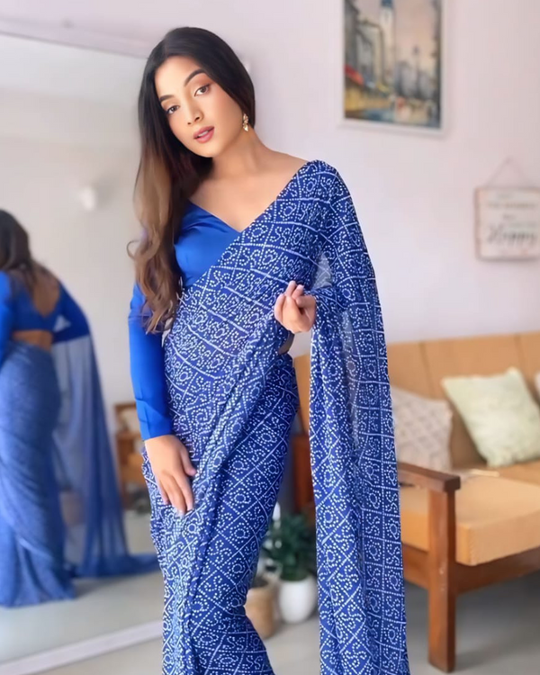 Blue Color Georgette 1 - Minute Ready to Wear Saree with Blouse Piece