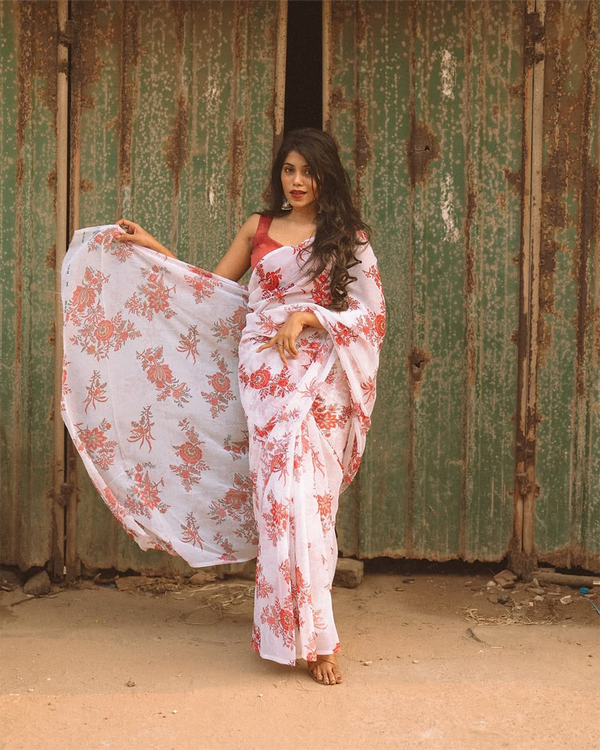 White Color Georgette 1 - Minute Ready to Wear Saree with Blouse Piece