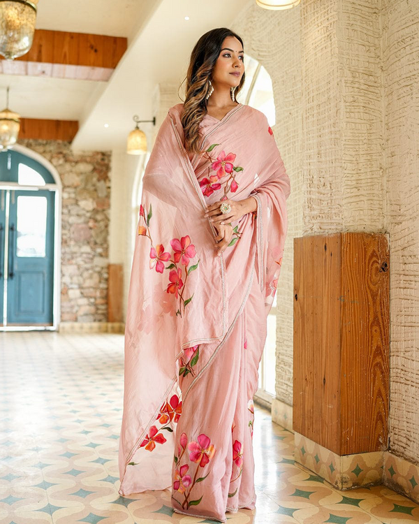 Light Pink Color Georgette 1 - Minute Ready to Wear Saree with Fully Stitch Blouse (Free Size) Up to 44