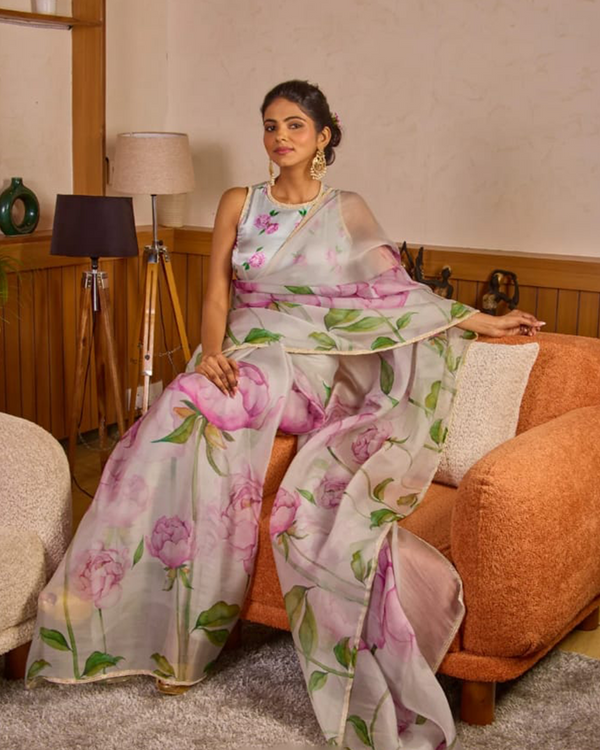 Light Purple Color Organza 1 - Minute Ready to Wear Saree with Fully Stitch Blouse (Free Size) Up to 44