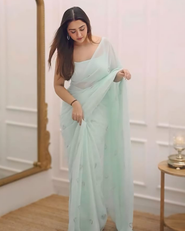 Water Blue Color Georgette 1 - Minute Ready to Wear Saree with Fully Stitch Blouse (Free Size) Up to 44