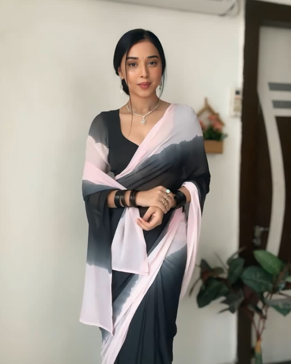 Black and White Color Georgette 1 - Minute Ready to Wear Saree with Blouse Piece