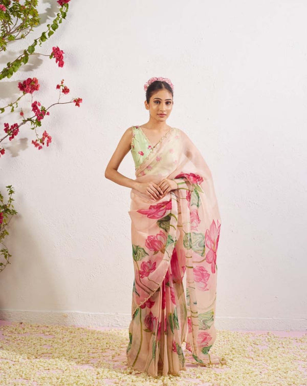 Light Pink Color 1-Minute Ready To Wear Organza Silk Saree with Moti Embroidery Work & Stitched Blouse