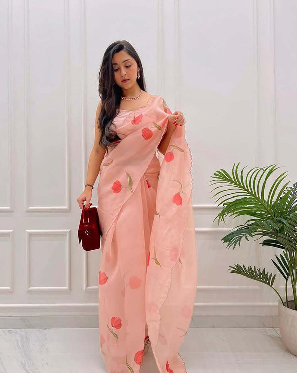Light Orange Color 1-Minute Ready To Wear Organza Silk Saree with Moti Embroidery Work & Stitched Blouse