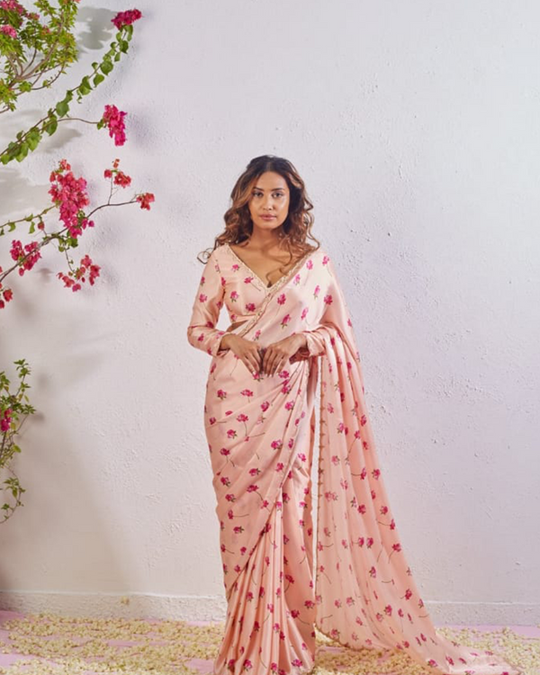 Light Pink Color Soft Satin Silk 1 - Minute Ready to Wear Saree with Fully Stitch Blouse (Free Size) Up to 44