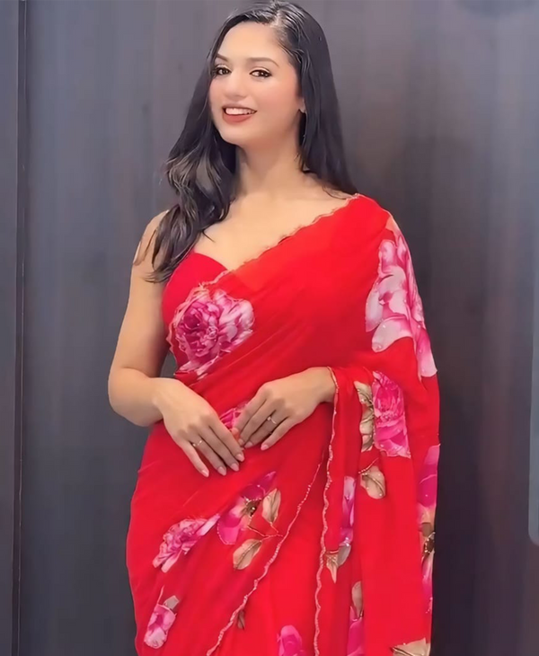 Red Color Georgette 1 - Minute Ready to Wear Saree with Blouse Piece
