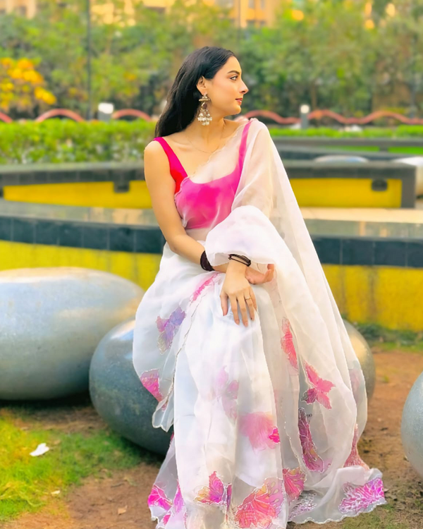 White Color Organza 1 - Minute Ready to Wear Saree with Blouse Piece
