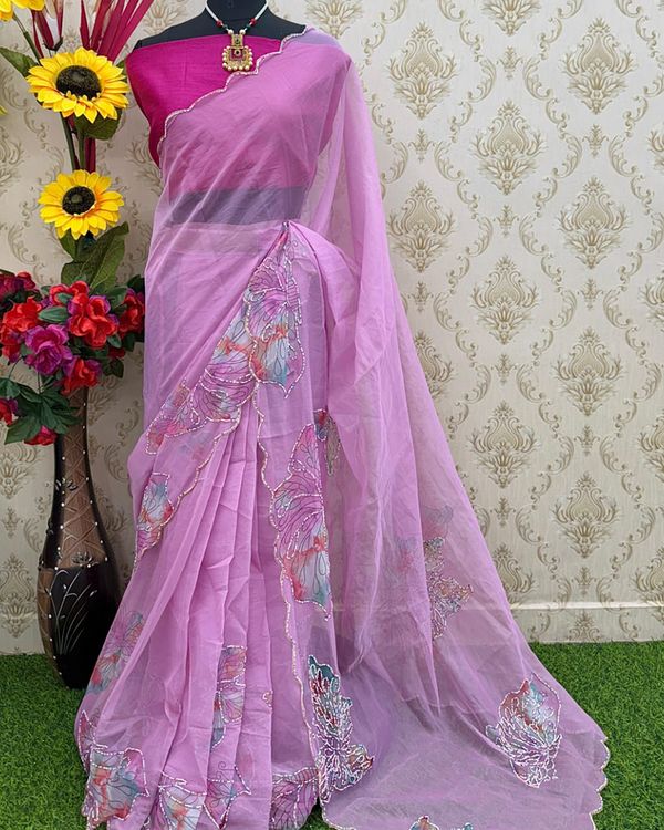 Purple Color Organza 1 - Minute Ready to Wear Saree with Blouse Piece