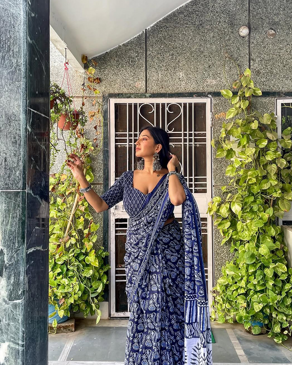 Blue Color Cotton 1 - Minute Ready to Wear Saree with Blouse Piece